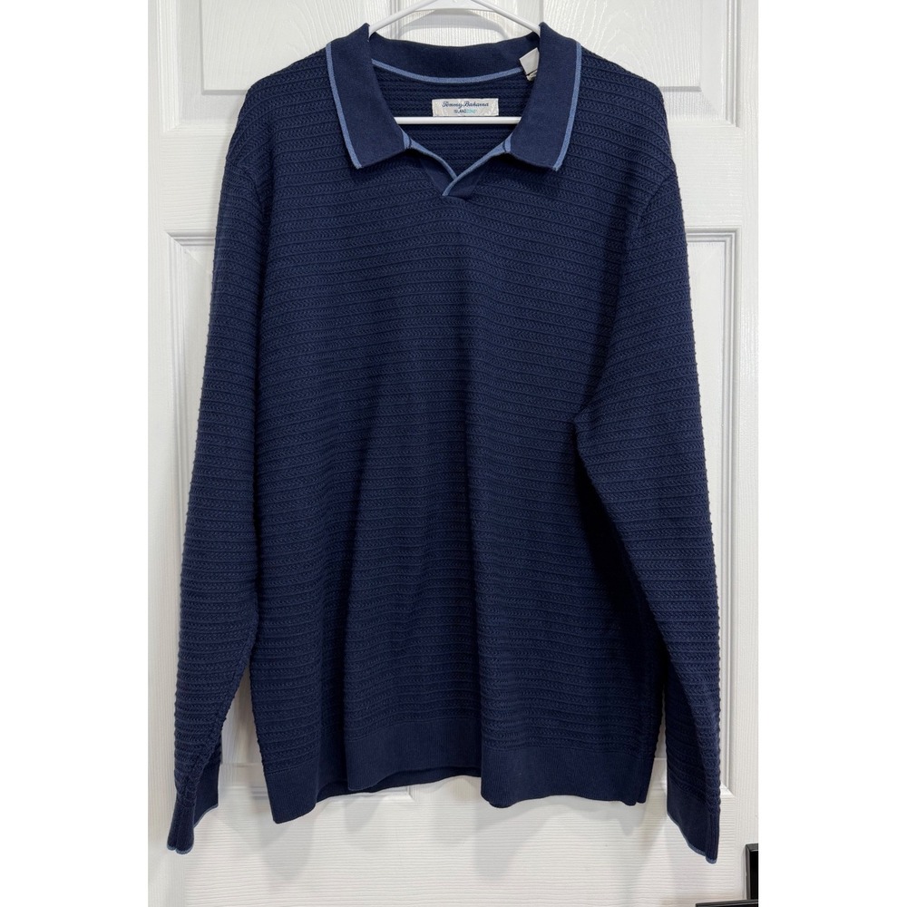 Tommy Bahama IslandZone Mens XXL Navy Textured COOLMAX Polo Sweater Pullover